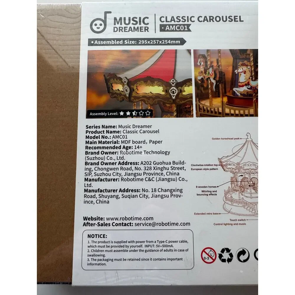 Rolife Music Dreamer Classic Carousel AMC01 265pc LED Wooden Building Kit 14+